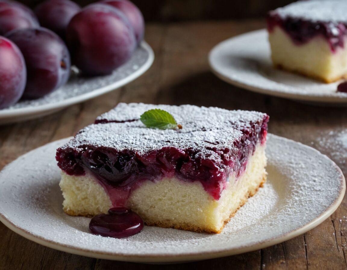 Mit Puderzucker bestäuben vor dem Servieren - Schneller Pflaumenkuchen vom Blech: Ein einfacher Rührteig für jeden Anlass